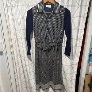 Vintage Tokyo Style Navy and White Patterned wool Dress